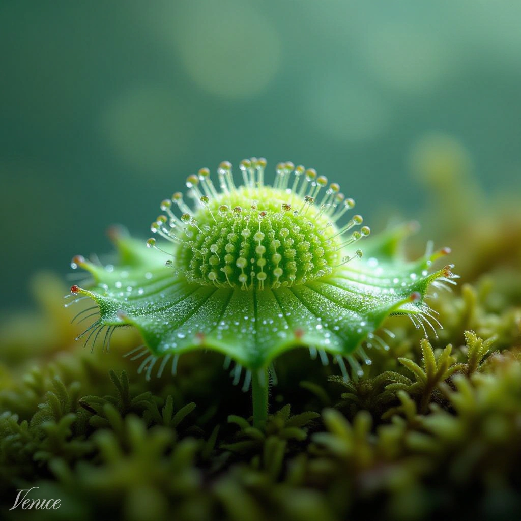 Drosera capensis con gotas de mucílago en ambiente húmedo